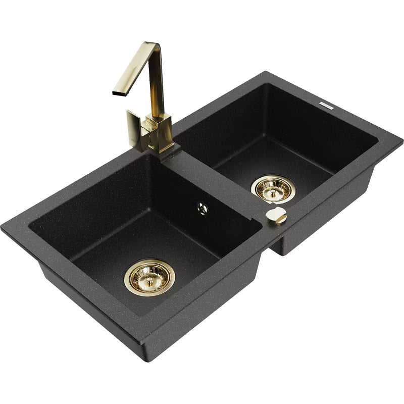 Granitvask Mario 2-Kammer 82x43,6 cm Sort med Armatur