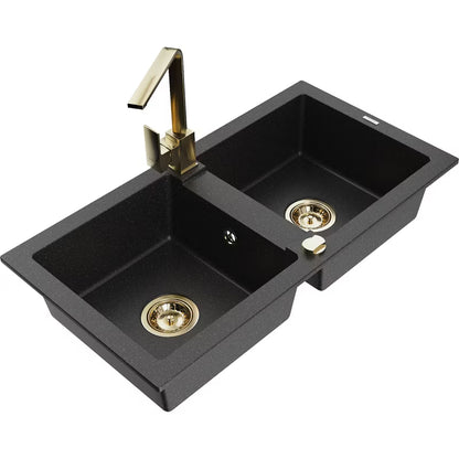 Granitvask Mario 2-Kammer 82x43,6 cm Sort med Armatur