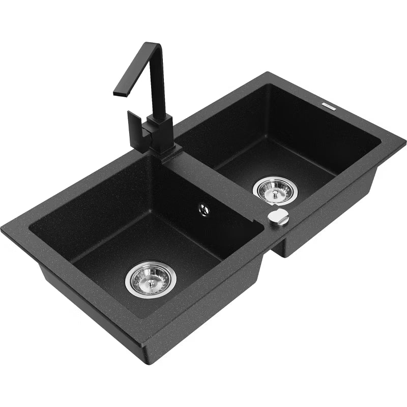 Granitvask Mario 2-Kammer 82x43,6 cm Sort med Armatur