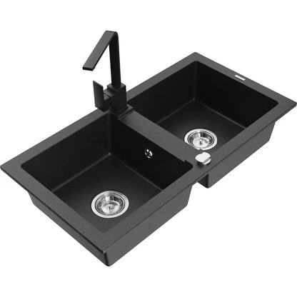 Granitvask Mario 2-Kammer 82x43,6 cm Sort med Armatur