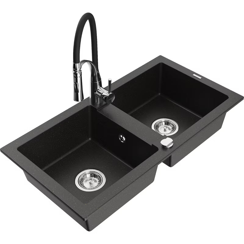 Granitvask Mario 2-Kammer 82x43,6 cm Sort med Armatur