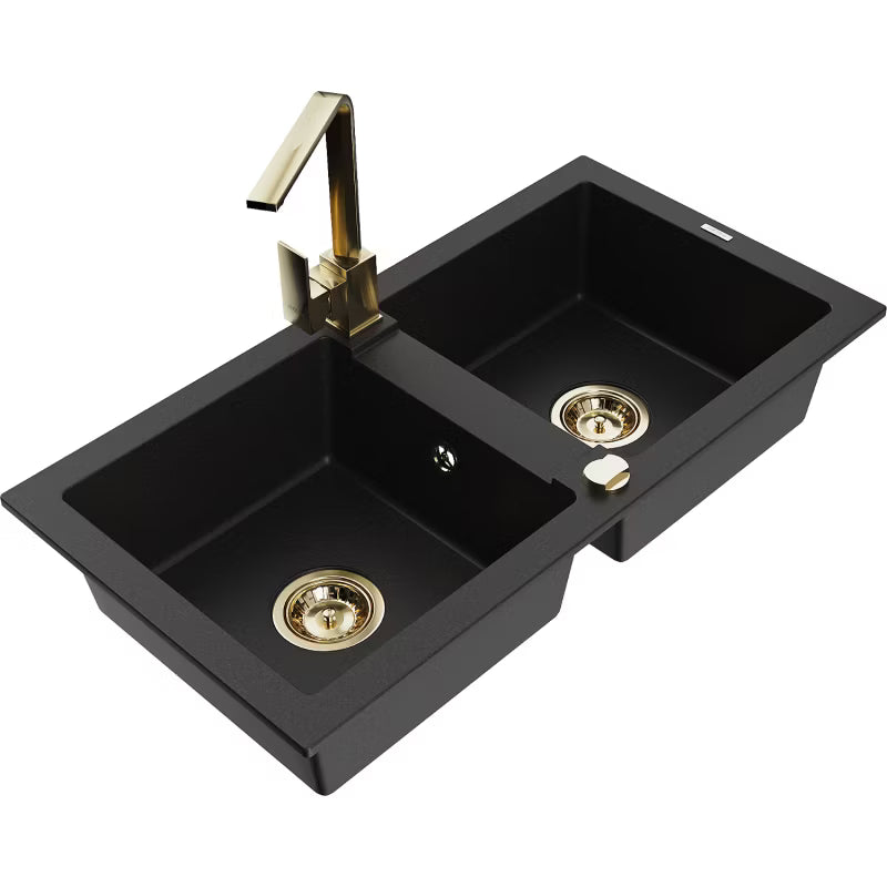 Granitvask Mario 2-Kammer 82x43,6 cm Sort med Armatur