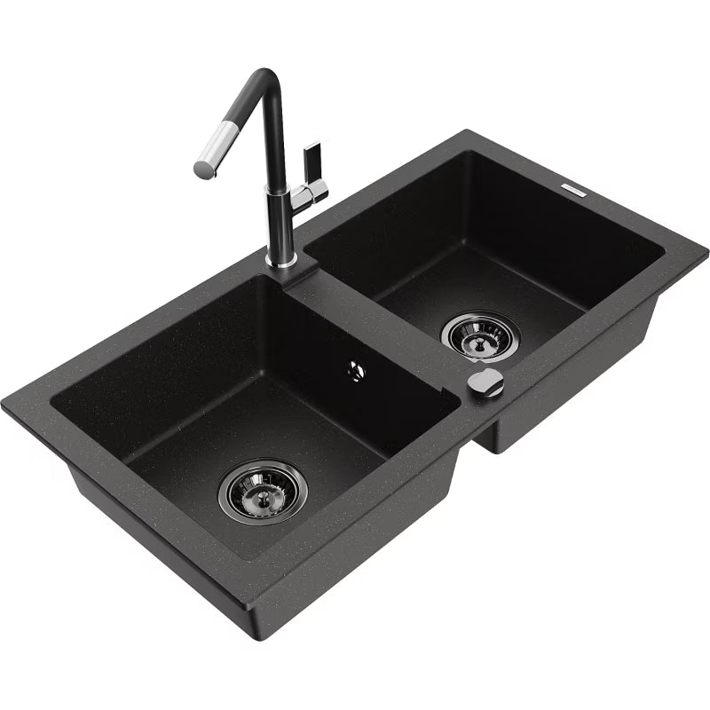 Granitvask Mario 2-Kammer 82x43,6 cm Sort med Armatur