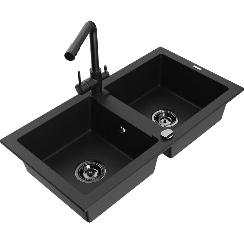 Granitvask Mario 2-Kammer 82x43,6 cm Sort med Armatur