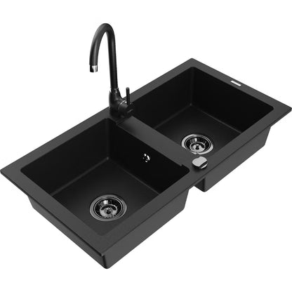 Granitvask Mario 2-Kammer 82x43,6 cm Sort med Armatur