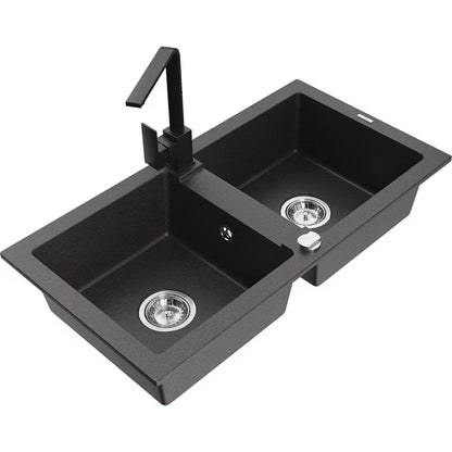 Granitvask Mario 2-Kammer 82x43,6 cm Sort med Armatur