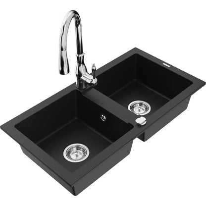 Granitvask Mario 2-Kammer 82x43,6 cm Sort med Armatur