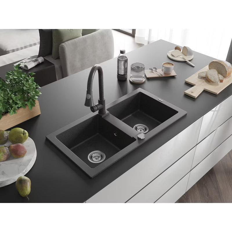 Granitvask Mario 2-Kammer 82x43,6 cm Sort med Armatur