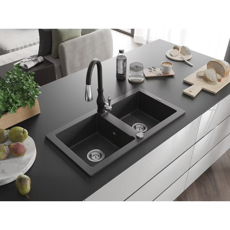 Granitvask Mario 2-Kammer 82x43,6 cm Sort med Armatur