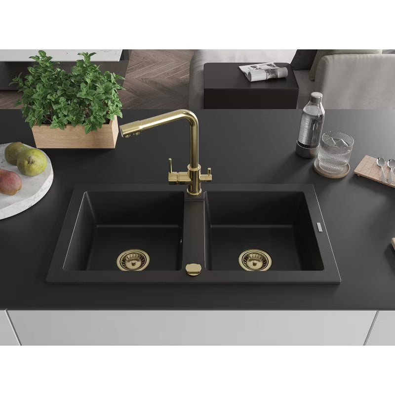 Granitvask Mario 2-Kammer 82x43,6 cm Sort med Armatur
