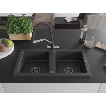 Granitvask Mario 2-Kammer 82x43,6 cm Sort med Armatur