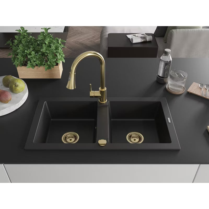 Granitvask Mario 2-Kammer 82x43,6 cm Sort med Armatur