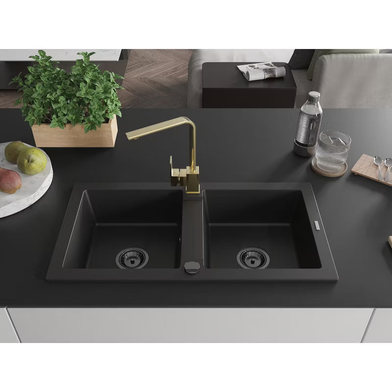 Granitvask Mario 2-Kammer 82x43,6 cm Sort med Armatur