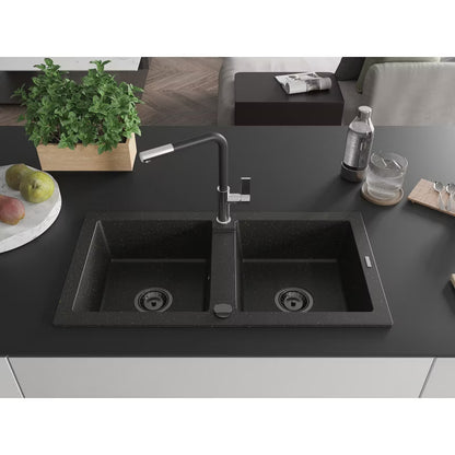Granitvask Mario 2-Kammer 82x43,6 cm Sort med Armatur