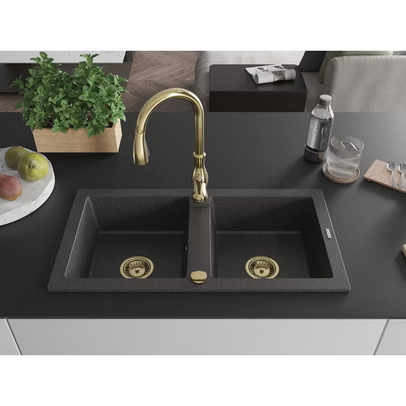 Granitvask Mario 2-Kammer 82x43,6 cm Sort med Armatur