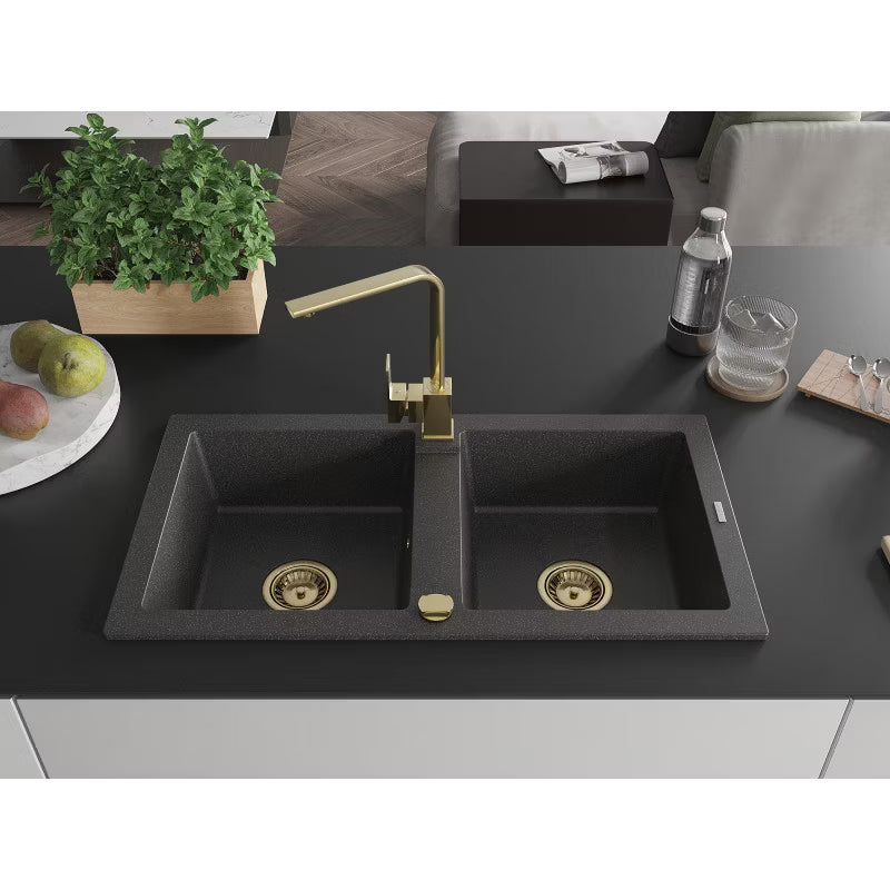 Granitvask Mario 2-Kammer 82x43,6 cm Sort med Armatur