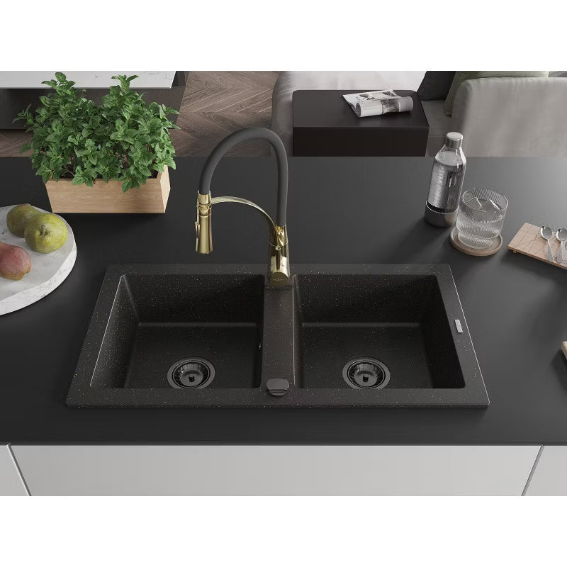 Granitvask Mario 2-Kammer 82x43,6 cm Sort med Armatur