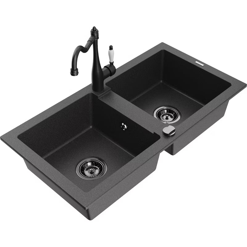 Granitvask Mario 2-Kammer 82x43,6 cm Sort med Armatur Carla