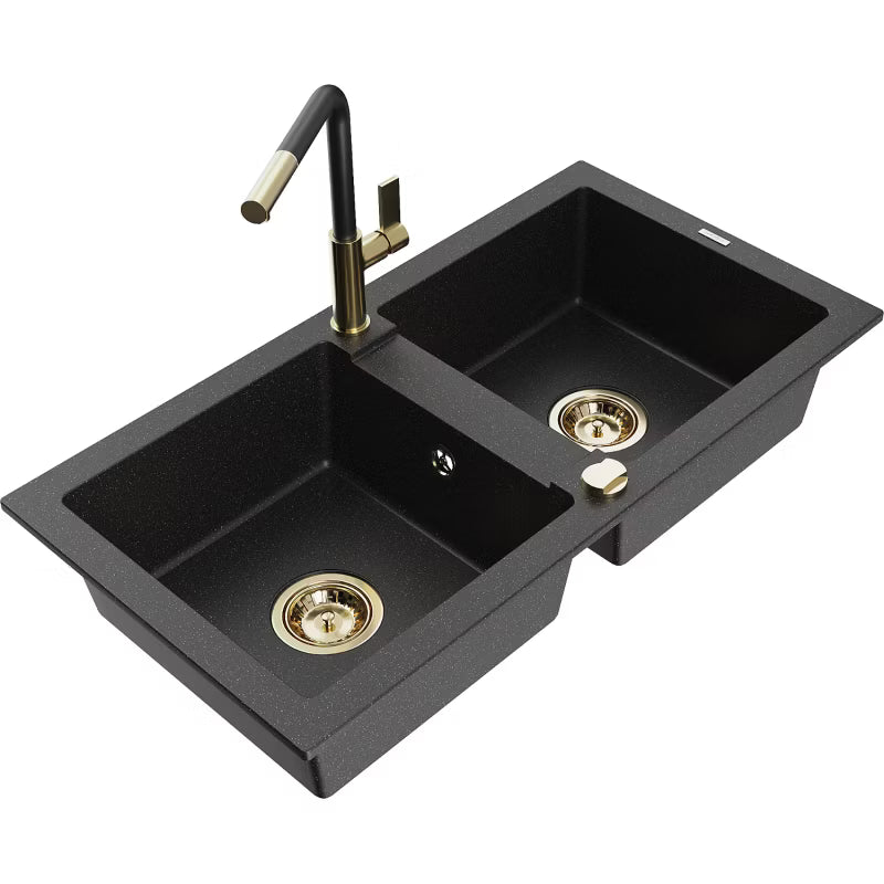 Granitvask Mario 2-Kammer 82x43,6 cm Sort Metalik med Armatur