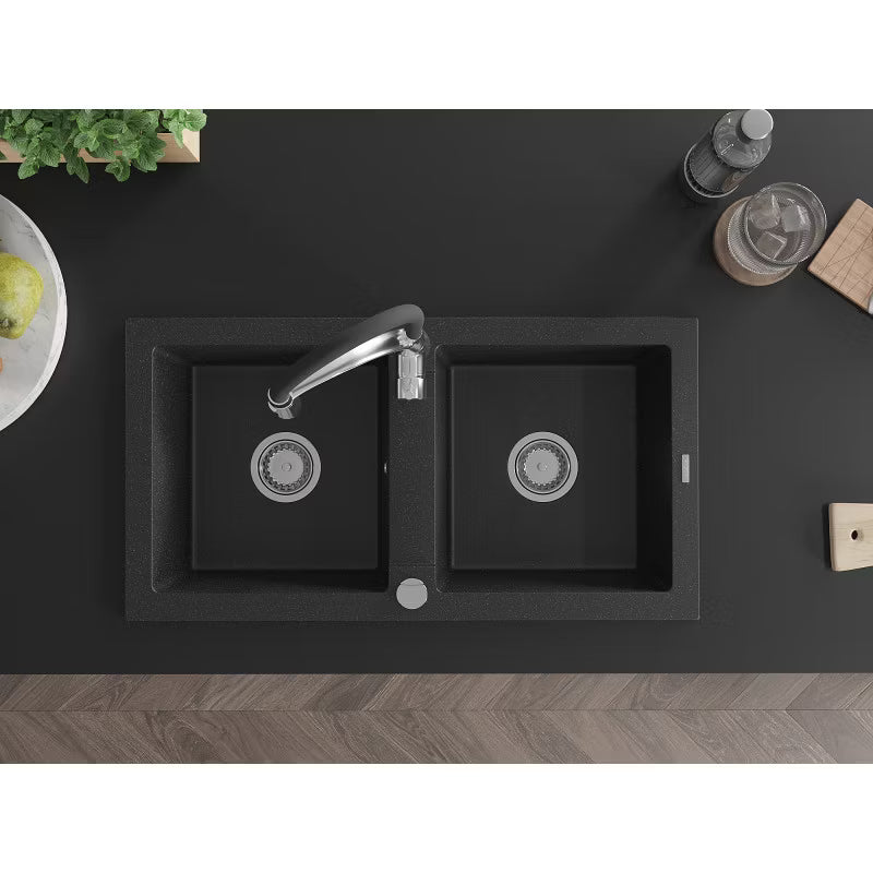 Granitvask Mario 2-Kammer 82x43,6 cm Sort Metalik med Armatur