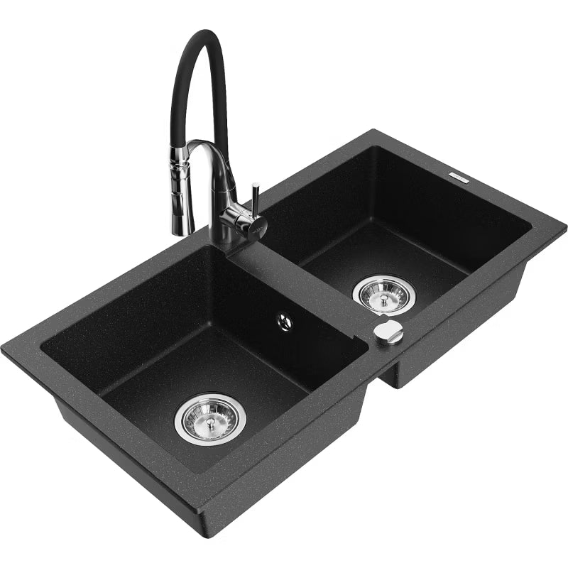 Granitvask Mario 2-Kammer 82x43,6 cm Sort Metalik med Armatur
