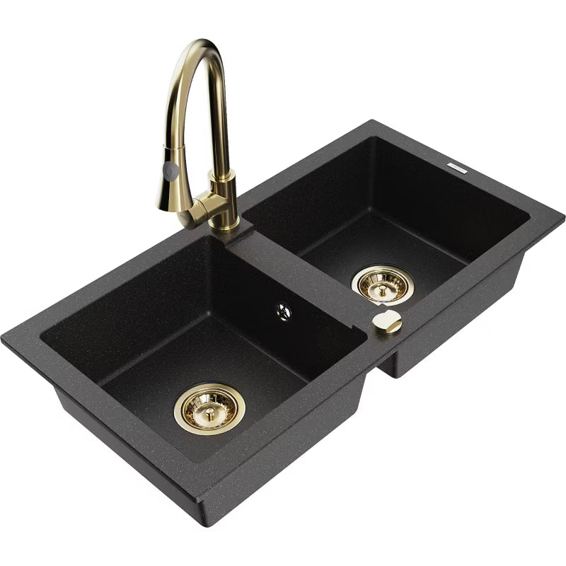 Granitvask Mario 2-Kammer 82x43,6 cm Sort Metalik med Armatur