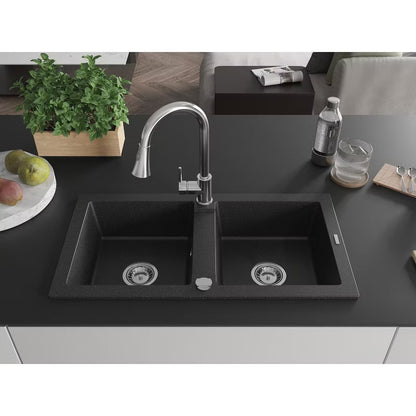 Granitvask Mario 2-Kammer 82x43,6 cm Sort Metallic med Armatur