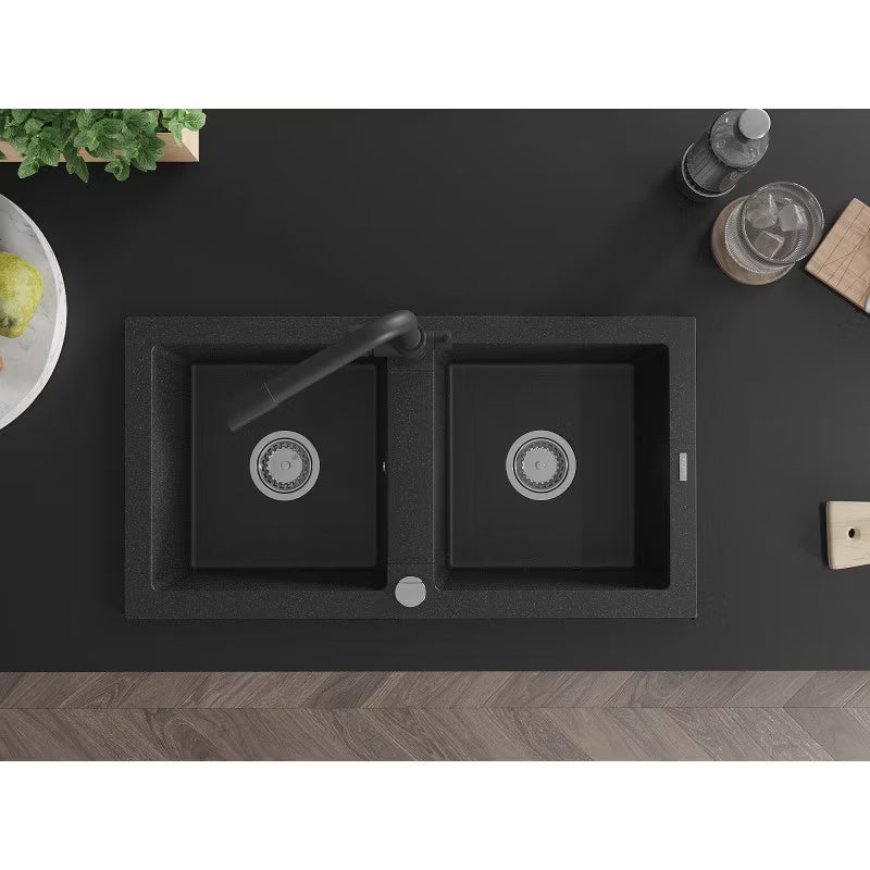 Granitvask Mario 2-Kammer 82x43,6 cm Sort Metallic med Armatur