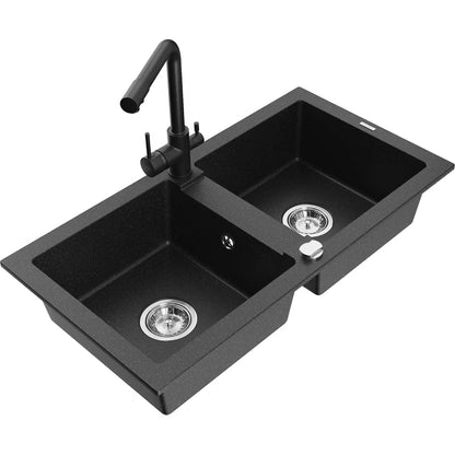 Granitvask Mario 2-Kammer 82x43,6 cm Sort Metallic med Armatur