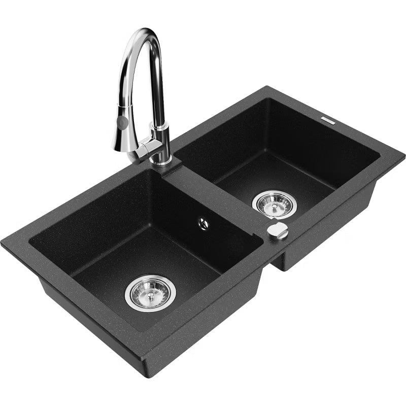 Granitvask Mario 2-Kammer 82x43,6 cm Sort Metallic med Armatur