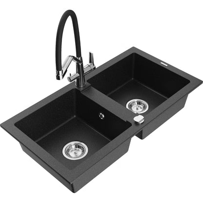 Granitvask Mario 2-Kammer 82x43,6 cm Sort Metallic med Armatur