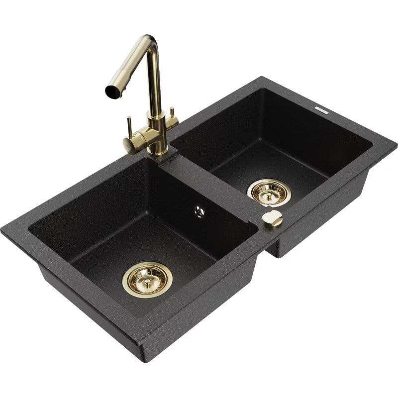 Granitvask Mario 2-Kammer 82x43,6 cm Sort Metallic med Armatur