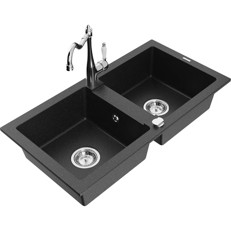 Granitvask Mario 2-Kammer 82x43,6 cm Sort Metallic med Armatur