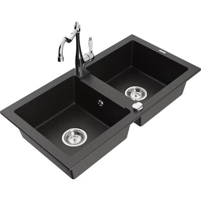 Granitvask Mario 2-Kammer 82x43,6 cm Sort Metallic med Armatur