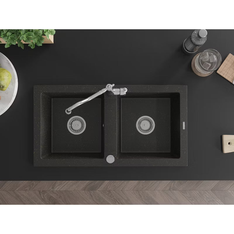 Granitvask Mario 2-Kammer 82x43,6 cm Sort Metallic med Armatur