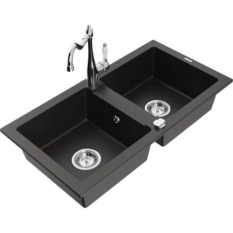 Granitvask Mario 2-Kammer 82x43,6 cm Sort Metallic med Armatur