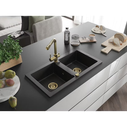 Granitvask Mario 2-Kammer 82x43,6 cm Sort Metallic med Armatur