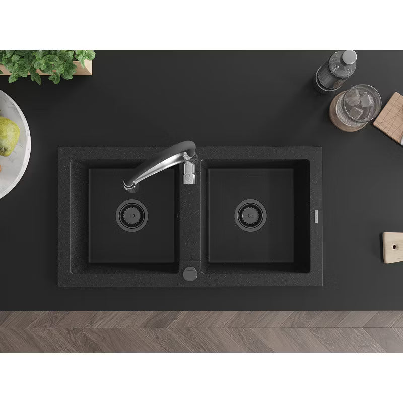 Granitvask Mario 2-Kammer 82x43,6 cm Sort Metallic med Armatur Aster