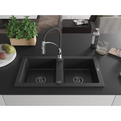 Granitvask Mario 2-Kammer 82x43,6 cm Sort Metallic med Armatur Aster