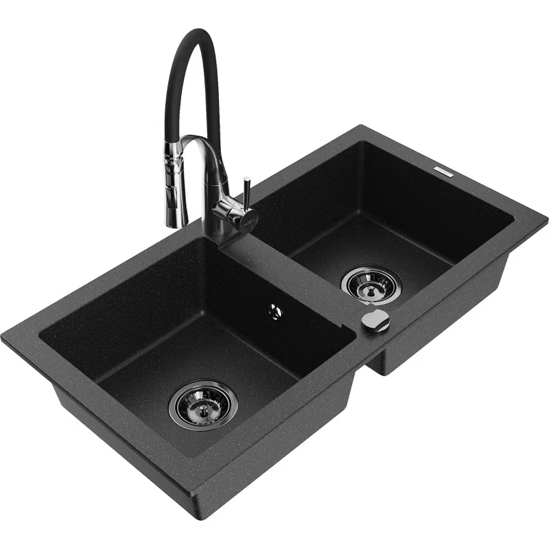 Granitvask Mario 2-Kammer 82x43,6 cm Sort Metallic med Armatur Aster