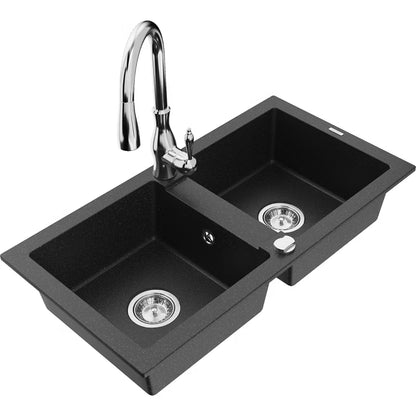 Granitvask Mario 2-Kammer 82x43,6 cm Sort Metallik med Armatur