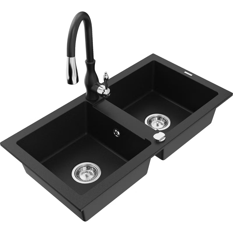Granitvask Mario 2-Kammer 82x43,6 cm Sort med Savita Armatur