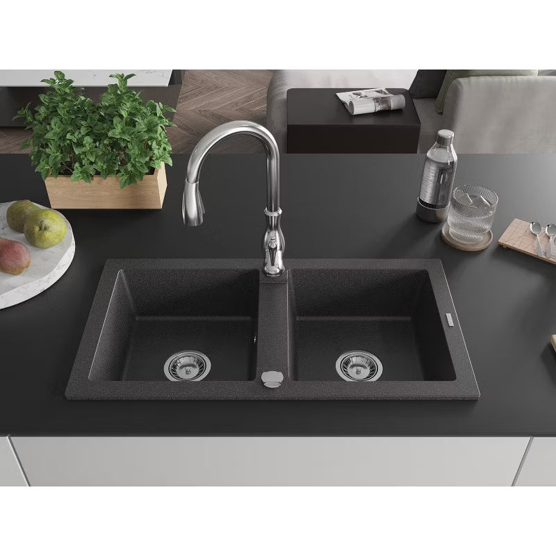 Granitvask Mario 2-Kammer 82x43,6 cm Sort Spættet med Armatur