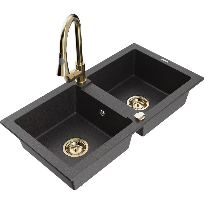 Granitvask Mario 2-Kammer 82x43,6 cm Sort Spættet med Armatur