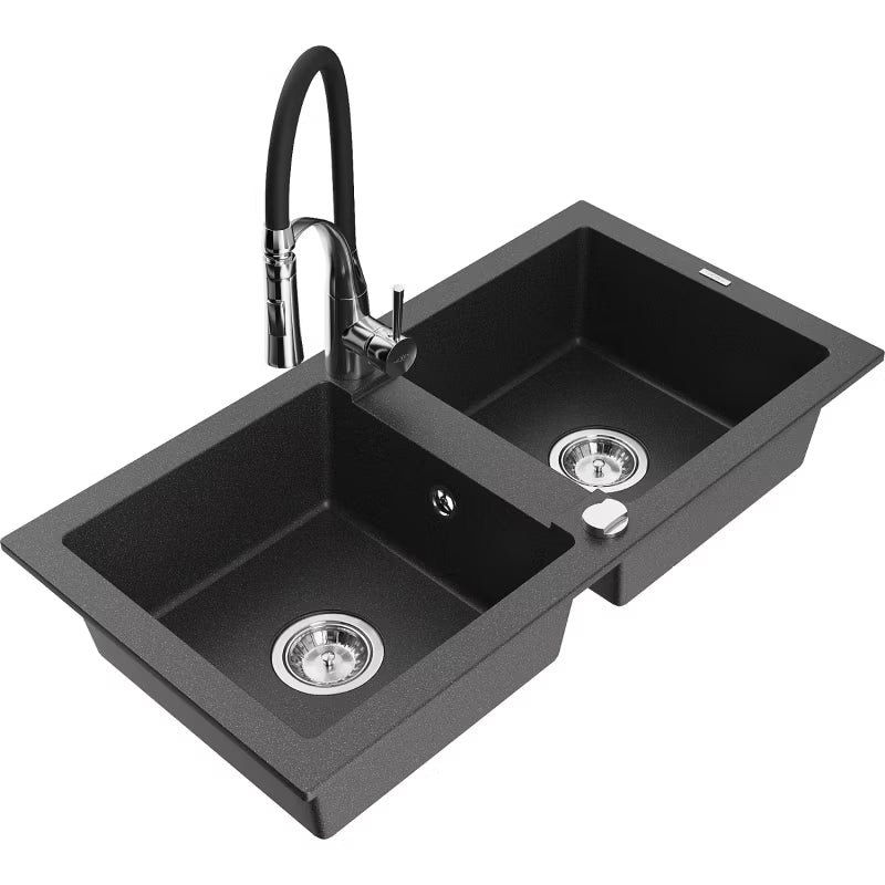 Granitvask Mario 2-Kammer 82x43,6 cm Sort Spættet med Armatur