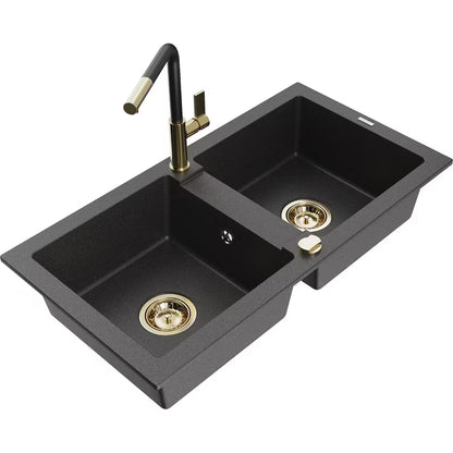 Granitvask Mario 2-Kammer 82x43,6 cm Sort Spættet med Armatur