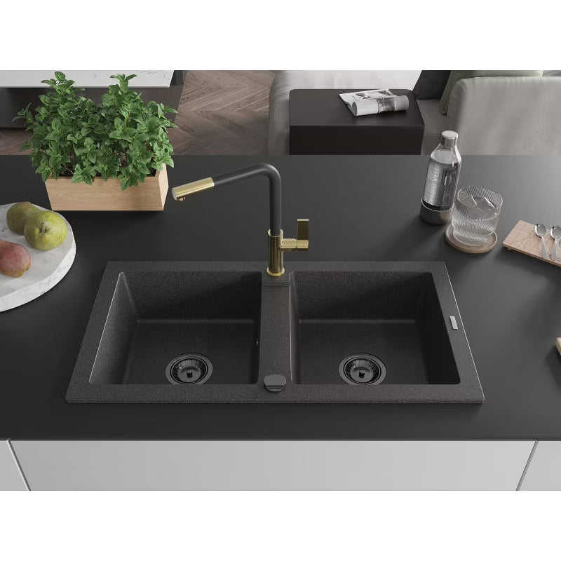 Granitvask Mario 2-Kammer 82x43,6 cm Sort Spættet med Armatur