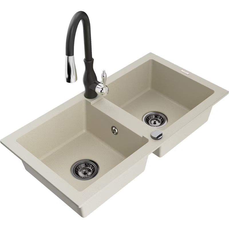 Granitvask Mario 2-Kammer 82x43,6 cm Hvid med Armatur