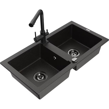 Granitvask Mario 2-Kammer 82x43,6 cm Sort med Armatur