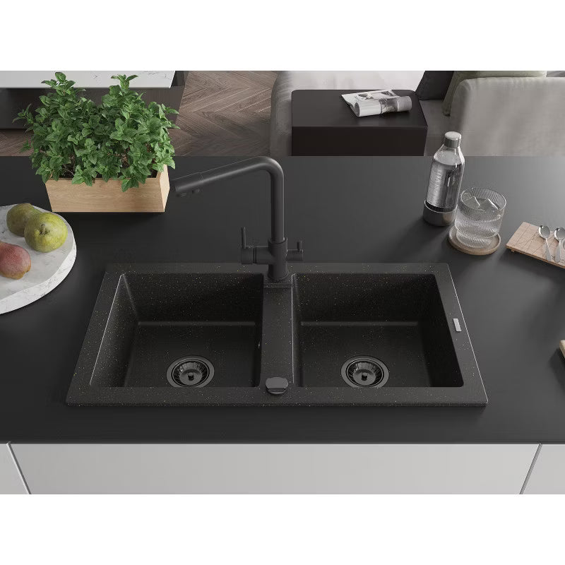 Granitvask Mario 2-Kammer 82x43,6 cm Sort med Armatur
